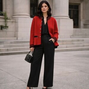 Icelandic Design Jacket Red Wool Fair Isle Pewter Button Scandinavian Medium